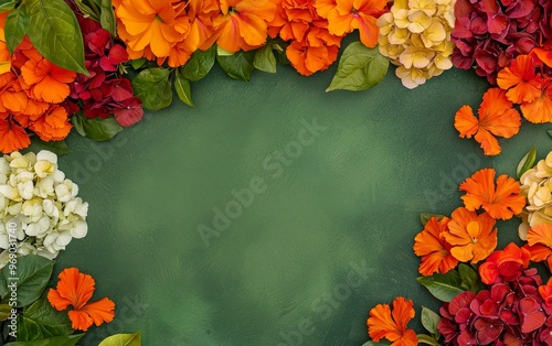 A garden-themed collage, blending traditional garden flowers like marigolds, hydrangeas, and petunias photo