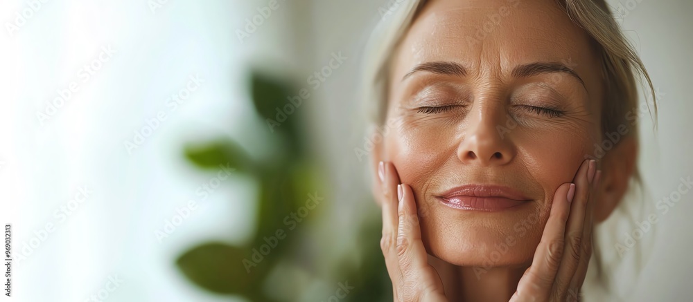 Close-up of a relaxed woman gently touching her face with eyes closed, enjoying a peaceful moment indoors. Close-up of a relaxed woman gently touching her face with eyes closed, enjoying a peaceful moment indoors.