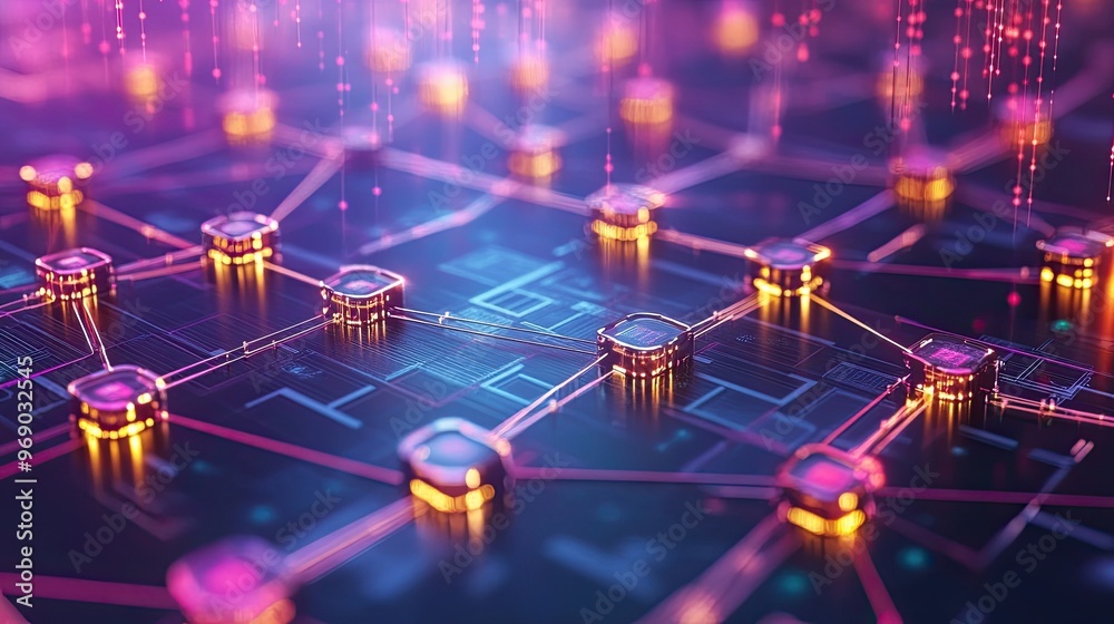 An abstract representation of a blockchain network, featuring interconnected nodes and data blocks flowing through the system. An abstract representation of a blockchain network, featuring interconnected nodes and data blocks flowing through the system.