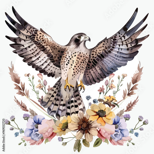 Beautiful Hand-drawn Watercolor Falcon Floral Illustration photo