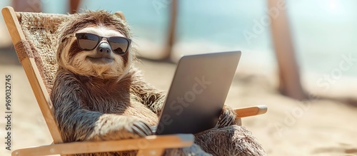 A relaxed sloth wearing sunglasses and using a laptop while lounging on a beach. Perfect for concepts of leisure, work-life balance, and summer.