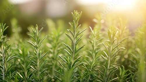 Close-up of fresh rosemary growing in a garden, bathed in warm sunlight. The vibrant green plants signify a healthy and organic gardening environment.