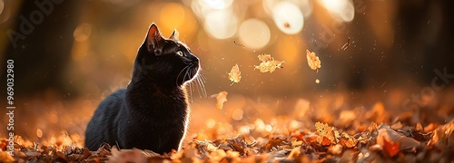 A black cat sitting on fallen autumn leaves, bathed in warm sunlight, while dry leaves float in the air.