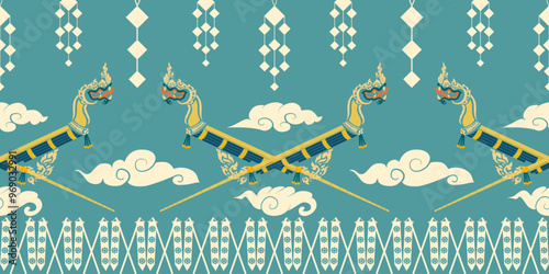 The Rocket Festival decorated with flag  and cloud. Cultural seamless pattern of the northeastern region of Thailand according to beliefs,vector illustrations.