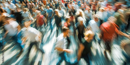 Frenetic Fray: Chaotic image of people frantically moving as they attempt to outrun a crisis. photo