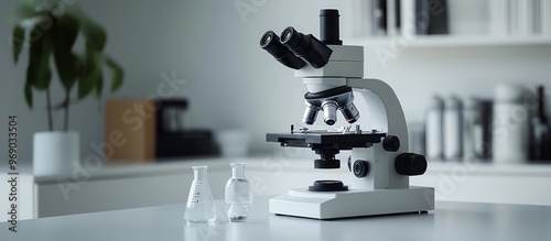 Modern lab microscope on clean white table with blurred background, ready for scientific research and analysis.