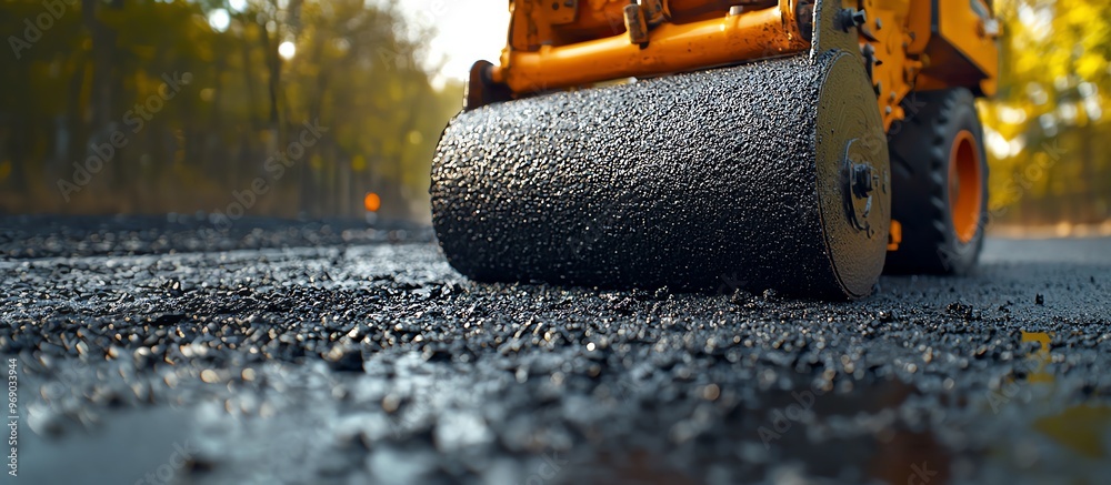 Close-up of a construction roller smoothing new asphalt on a road, with autumn trees in the background. Perfect for construction themes. Close-up of a construction roller smoothing new asphalt on a road, with autumn trees in the background. Perfect for construction themes.