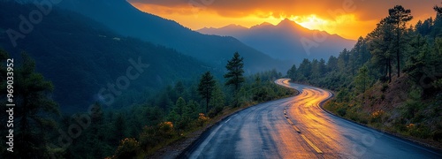 A stunning sunset over a winding scenic mountain road surrounded by lush pine trees and misty hills creating a tranquil, picturesque view.