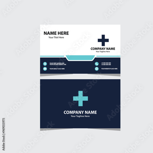 Medical business card template with a sleek, minimalist design. It has a two-tone blue and white layout, modern icons, and bold typography for a professional look.