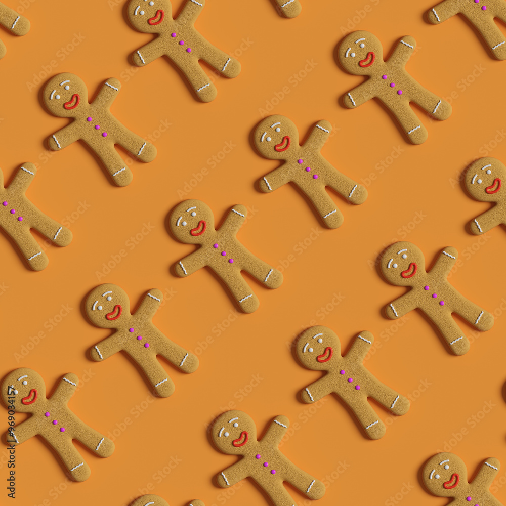 Obraz premium Seamless pattern of gingerbread man on green background. Christmas background. 3d illustration.