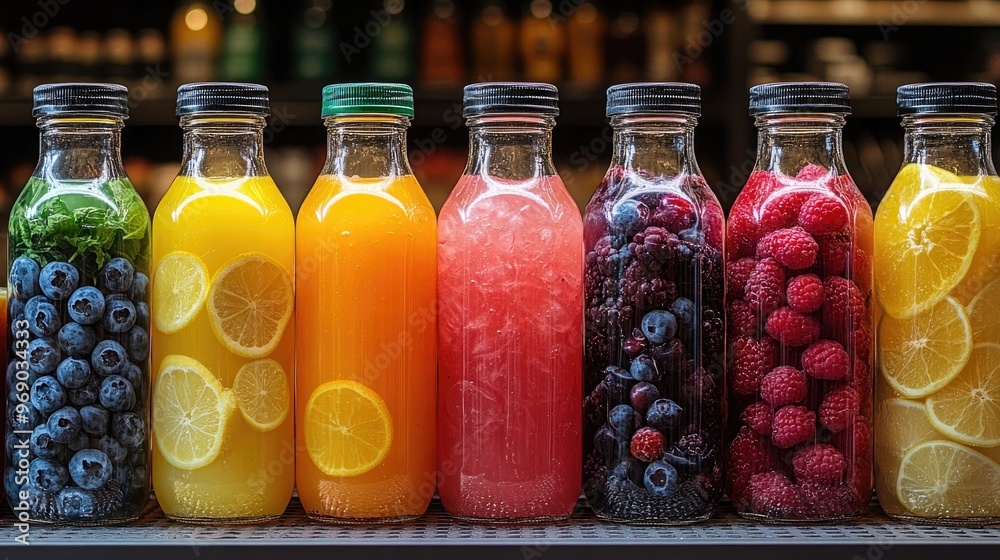 Fresh Organic Drinks and Juices Available in a Supermarket Displaying a Wide Variety for Healthy Choices Fresh Organic Drinks and Juices Available in a Supermarket Displaying a Wide Variety for Healthy Choices