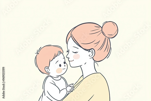 A loving mother holds her baby close, sharing tender moment filled with joy and warmth. hand drawn style captures essence of their bond beautifully