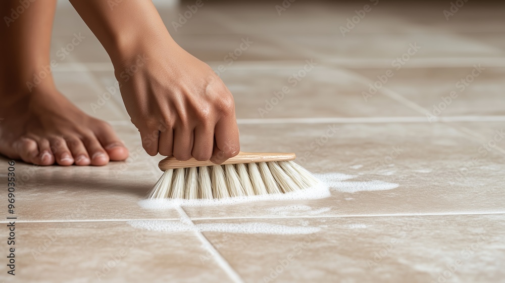 A person cleaning tiled floor with a brush while standing barefoot in a bright indoor space on a sunny day A person cleaning tiled floor with a brush while standing barefoot in a bright indoor space on a sunny day