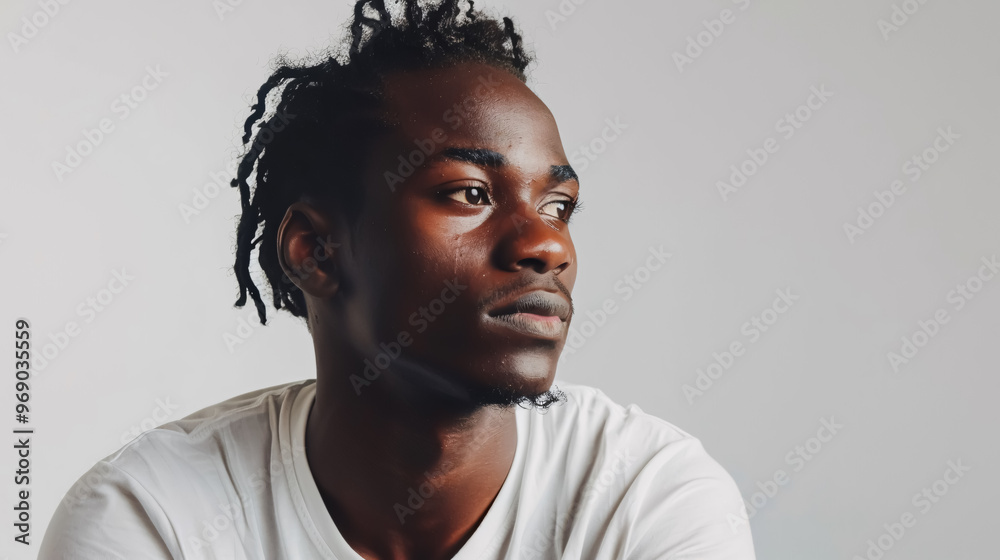 Obraz premium Serious black man in casual attire posing against a white background, looking away.