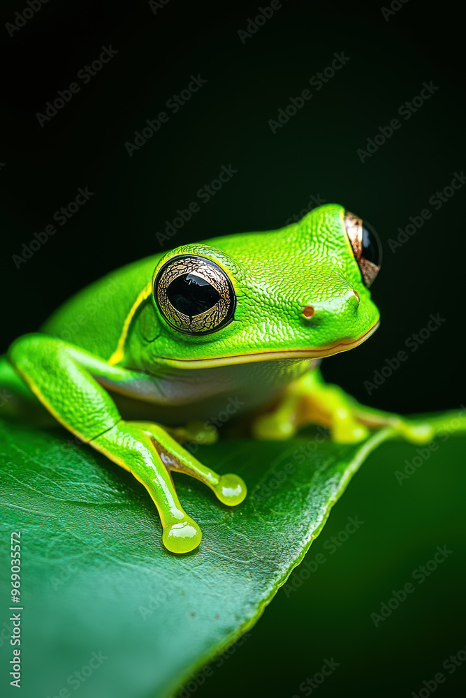 Vertical poster with tree frog on palm leaf, rainforest animals, environmental protection Vertical poster with tree frog on palm leaf, rainforest animals, environmental protection