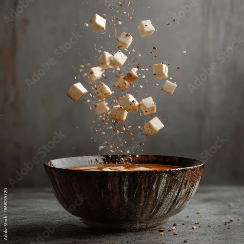 240807 184. An epic stylized advertise photo of Miso soup bursting energetically from a lacquered bowl, along with tofu cubes with bonito flakes floating up, set against a zen gray background photo