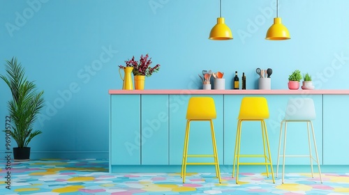 A playful kitchen with pastel blue cabinets, bright yellow bar stools, and a colorful mosaic floor, Illustration, Fun and fresh atmosphere photo