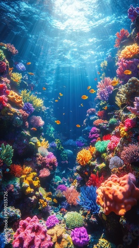 Vibrant coral reef under sunlight with diverse marine life, showcasing the beauty of underwater ecosystems and colorful ocean scenery. photo