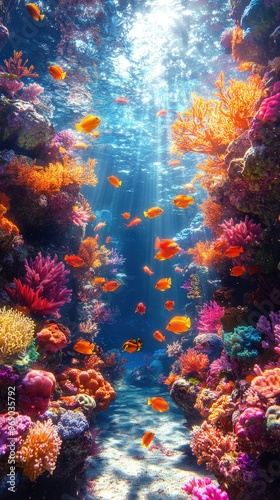 Vibrant coral reef underwater scene with colorful fish swimming, illuminated by sunlight, showcasing marine biodiversity and nature's beauty. photo