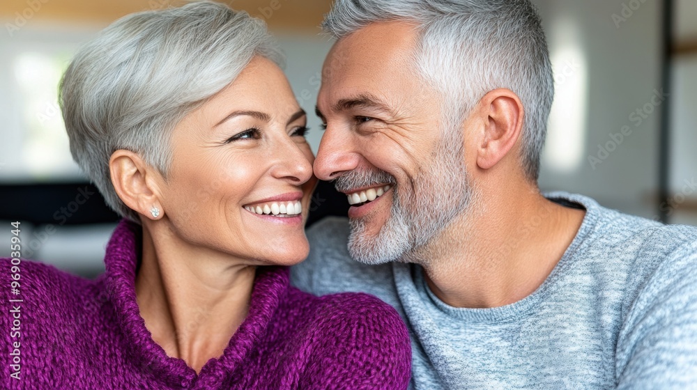A man and woman smiling at each other while looking into the camera, AI