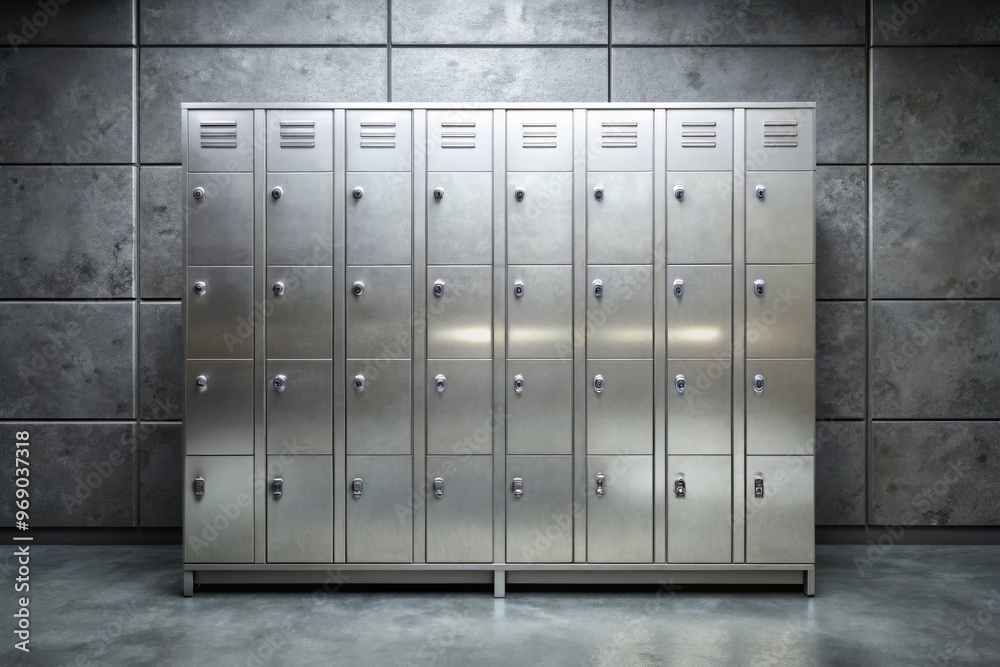 A row of metal coin lockers lines the gray wall, each door numbered in tidy series, awaiting forgotten treasures or yesterday's worries. A row of metal coin lockers lines the gray wall, each door numbered in tidy series, awaiting forgotten treasures or yesterday's worries.