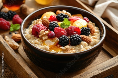 A bowl of oatmeal topped with fresh fruits, nuts, and honey, sitting on a cozy breakfast tray