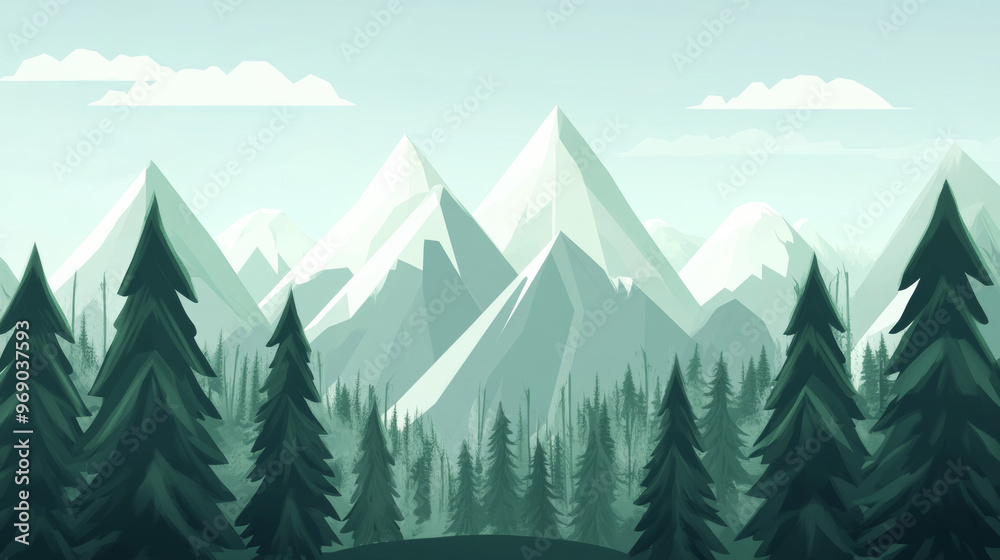 Fototapeta premium Forest distant view, front view, mountains and vast sky, trees, winter landscape