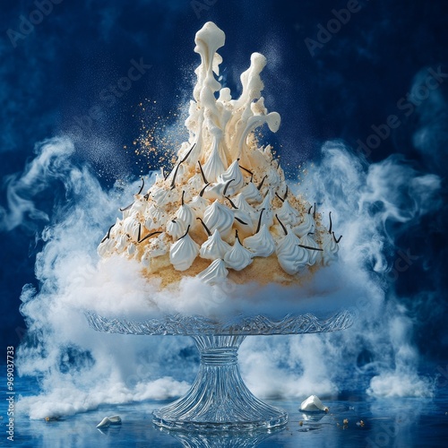 240807 222. An epic stylized advertise photo of Baked Alaska bursting energetically from a crystal cake stand, along with vanilla beans and meringue floating up, set against a midnight blue background photo