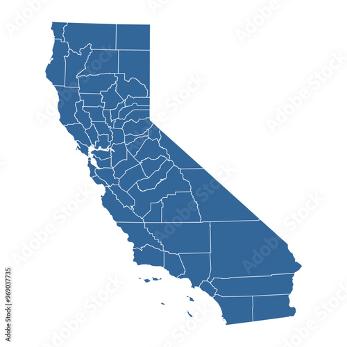 Vector outline map of California state divided into counties