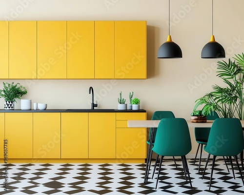 A modern kitchen with bold yellow cabinets, teal chairs, and a vibrant patterned floor, 3D rendering, High-energy and dynamic photo