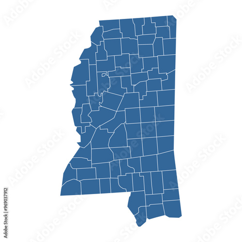Vector outline map of Mississippi state divided into counties