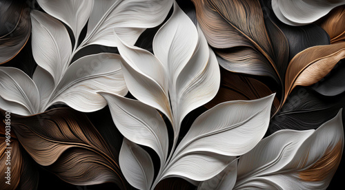 Tapeta białe i brązowe liście. Wzór kwiatowy, ilustracja © Iwona