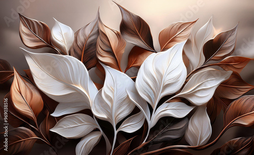 Tapeta białe i brązowe liście. Dekoracyjny wzór, ilustracja, abstrakcja kwiatowa © Iwona