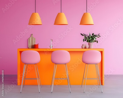 A modern kitchen with bright orange cabinets, pink chairs, and a vibrant abstract backsplash, surrounded by eclectic decor, 3D rendering, Lively and dynamic