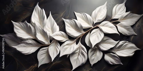 Tapeta białe liście. Dekoracyjny wzór, ilustracja, abstrakcja kwiatowa © Iwona