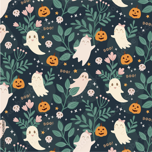 Halloween background, ghost, pumpkin, leaves, skull, scary, spooky, haunted, wallpaper, aesthetical