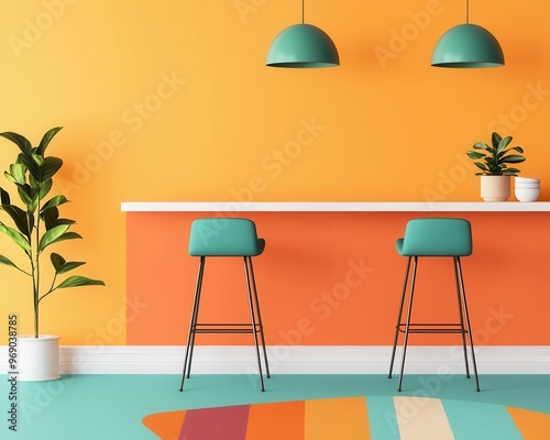 A playful, modern kitchen with orange cabinets, teal bar stools, and a vibrant abstract rug, surrounded by bright, fun decor, Photorealistic, Lively tones