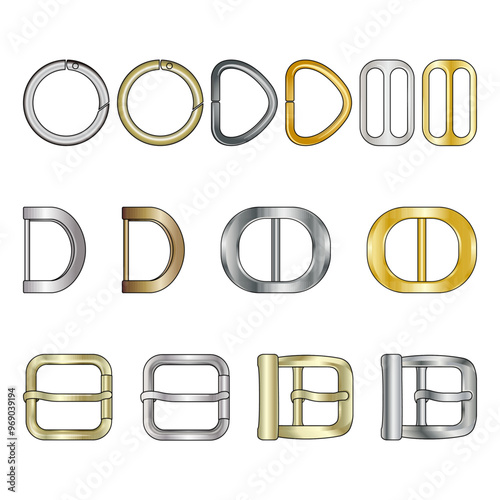 Metal buckle vector flat sketch set. Different types of metal trims for decorating and tailoring clothes, shoes, bags. Metal O-ring, D-ring, buckles, and belt buckles. Fashion items.