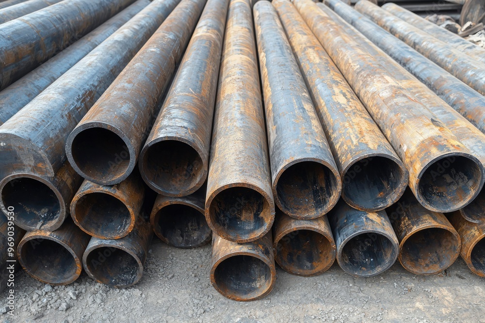 A Stack of Large Rusty Metal Pipes on Gravel A Stack of Large Rusty Metal Pipes on Gravel
