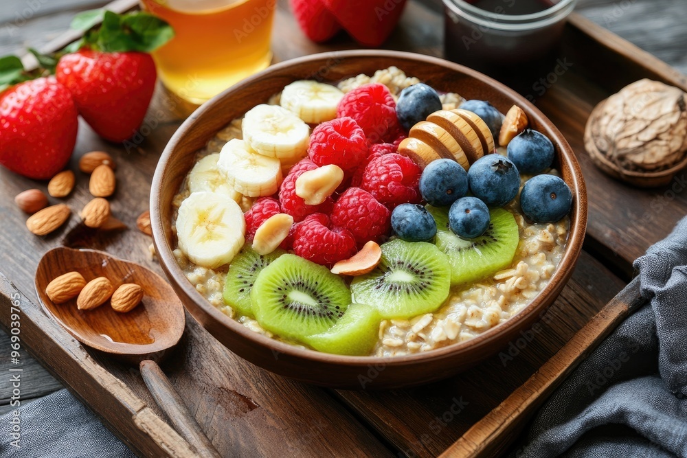 A bowl of oatmeal topped with fresh fruits, nuts, and honey, sitting on a cozy breakfast tray A bowl of oatmeal topped with fresh fruits, nuts, and honey, sitting on a cozy breakfast tray
