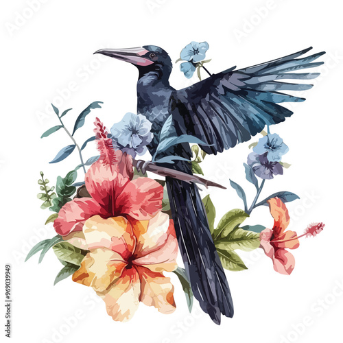 Beautiful Frigatebird with Hand-drawn Floral Watercolor Illustration