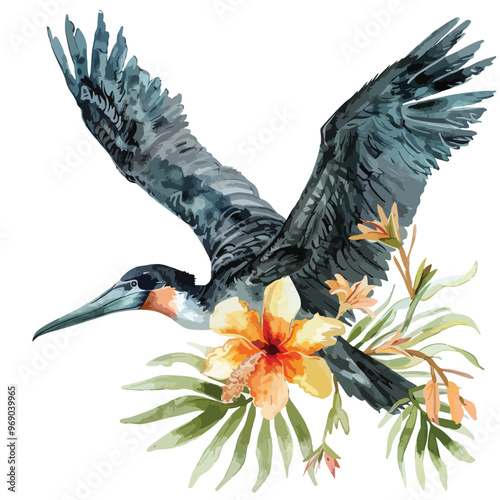 Exquisite Frigatebird Floral Watercolor Illustration