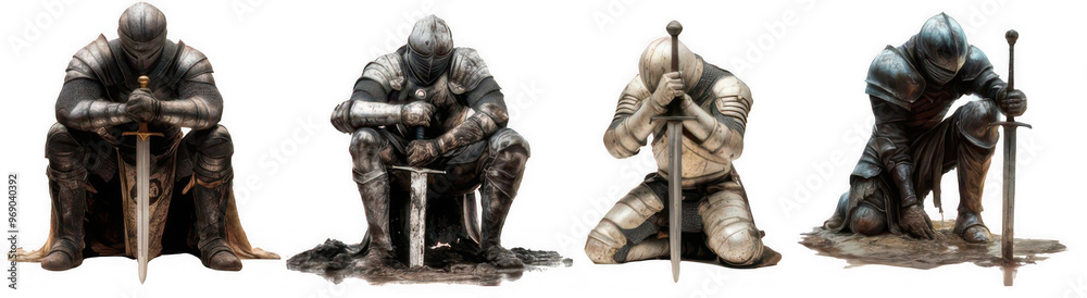 Set of Kneeling Medieval Knights with Swords in Armor isolated on white or transparent background cutout. Set of Kneeling Medieval Knights with Swords in Armor isolated on white or transparent background cutout.