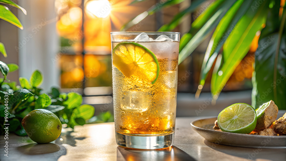 Fototapeta premium Ginger ale in a frosty glass with condensation