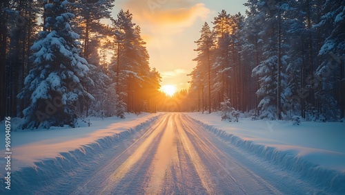 A snowy road winds through a dense forest at sunset, creating a magical winter scene.