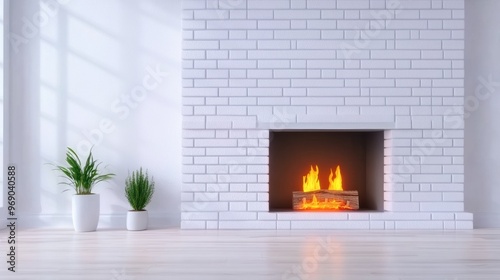 A fireplace in a white room with plants and potted flowers, AI