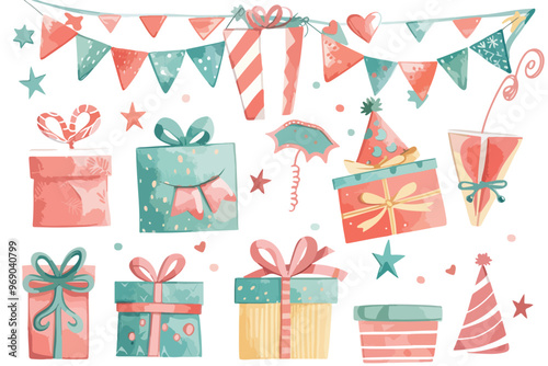 Gift Box Template and Party Set Clipart Isolated