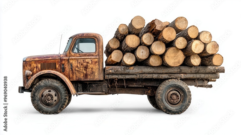 A logging truck loaded with freshly cut tree logs, isolated against a white background A logging truck loaded with freshly cut tree logs, isolated against a white background