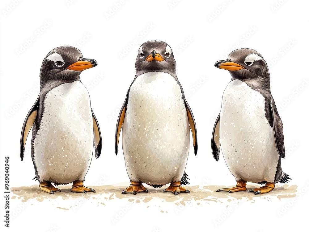 Fototapeta premium Three charming penguins stand side by side, showcasing their playful nature and distinctive appearance in a delightful illustration.