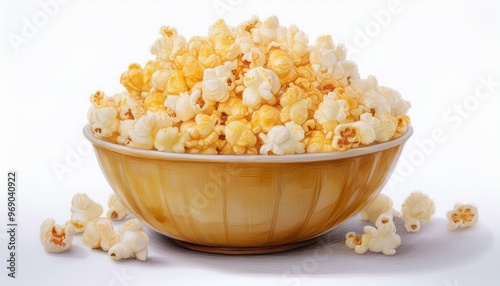 A bowl of delicious movie popcorn isolated on white background. ai generated